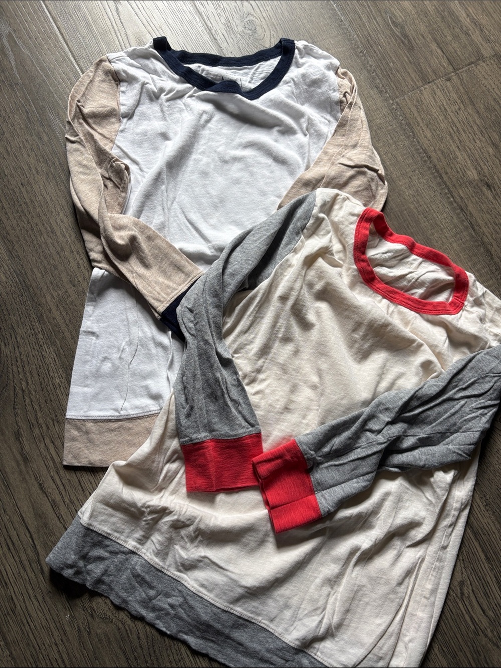 J. Crew Cream Colorblock Long Sleeve Tees with Gray, Tan & Red Accents- lot of 2